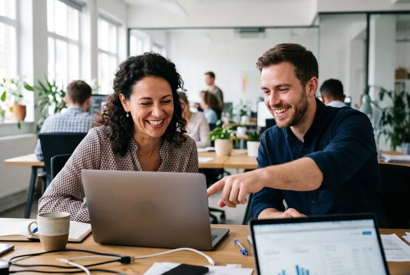 Business owner and consultant reviewing results