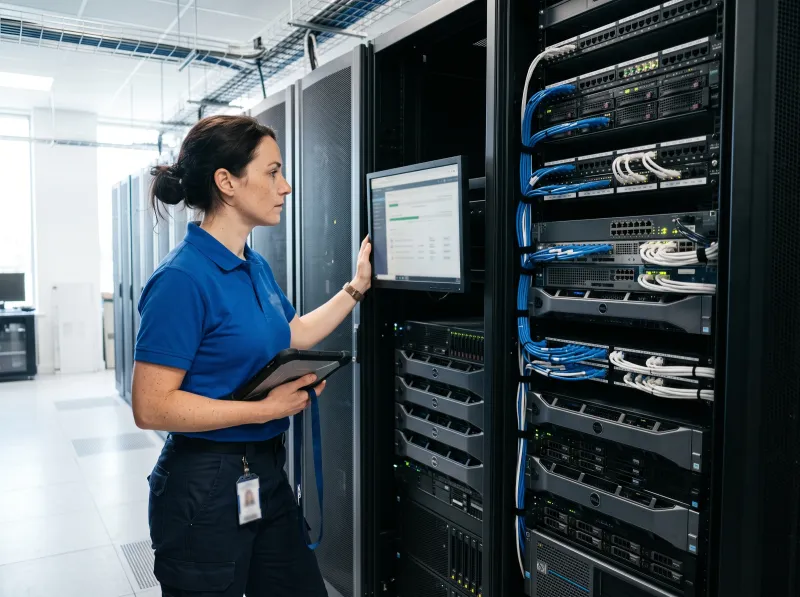 Engineer checking backup status in a server room