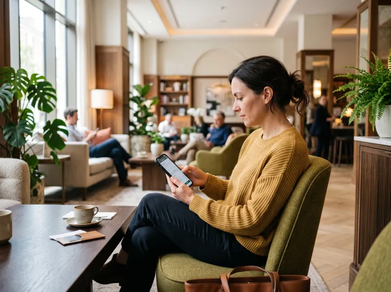 Guest booking a room on a phone in a hotel lobby