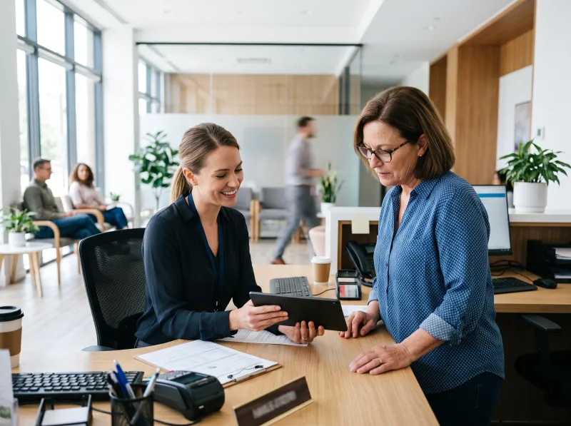 Receptionist helping a patient check in at a clinic