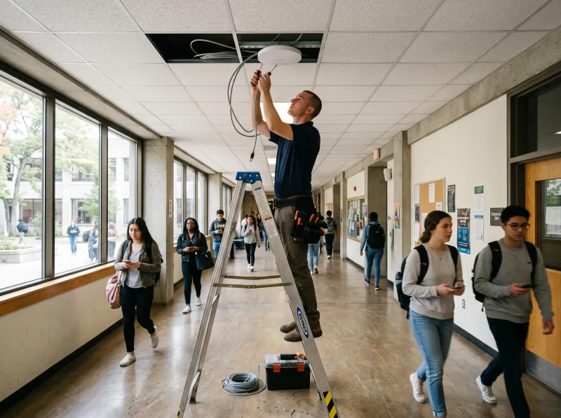 IT technician installing campus Wi-Fi equipment