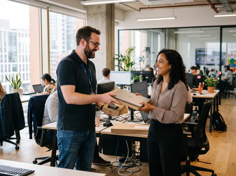 IT specialist welcoming a new employee with a laptop