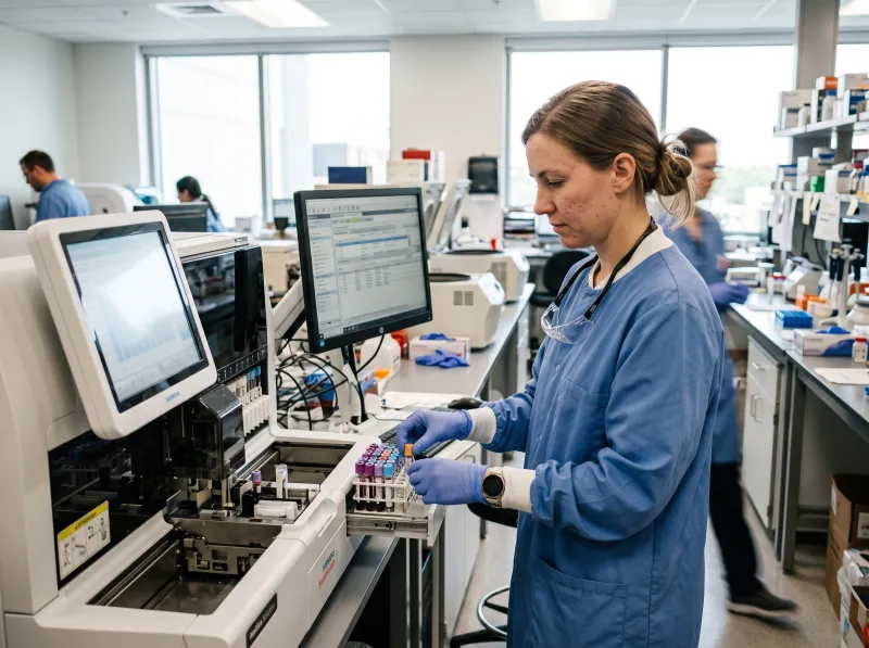 Lab technician at work in a diagnostic laboratory