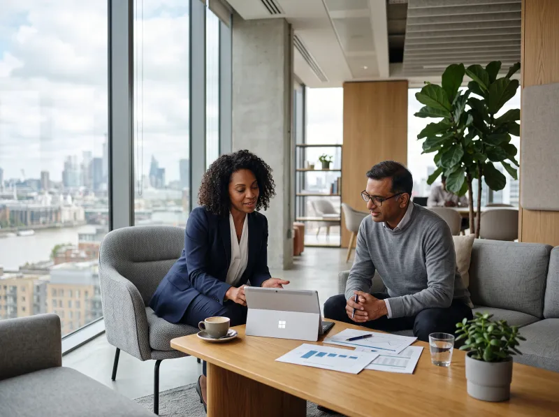 Financial advisor meeting a client in a bright office