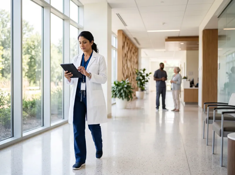 Doctor reviewing information on a tablet in a hospital corridor