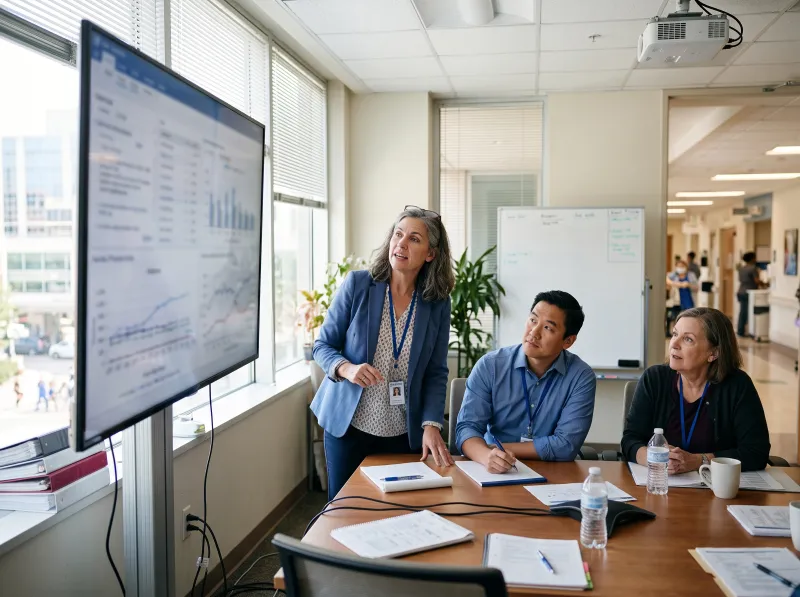 Hospital managers reviewing operational dashboards