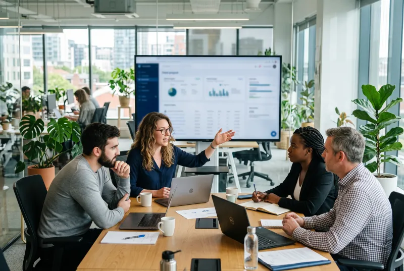 Team reviewing client projects in a bright office