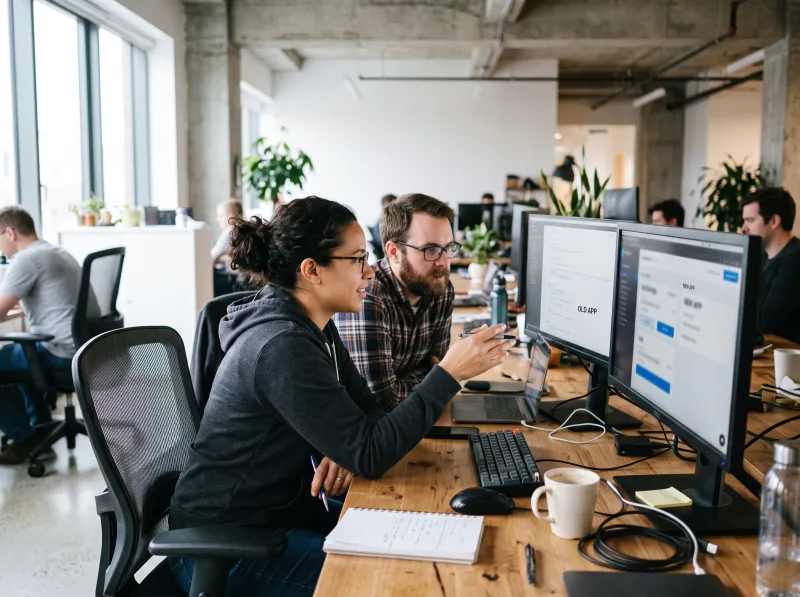 Developers comparing old and new application screens