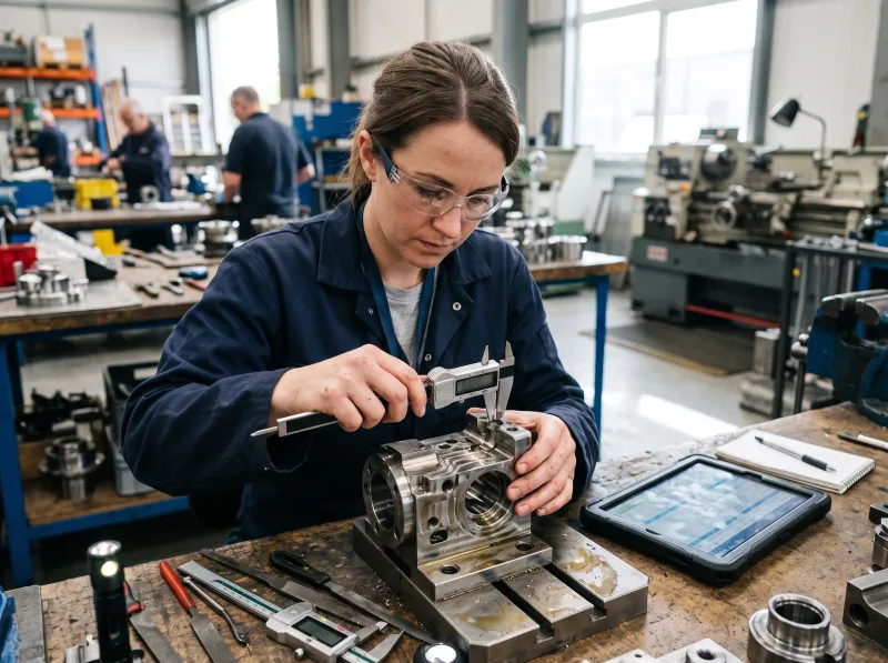 Quality inspector measuring a machined part