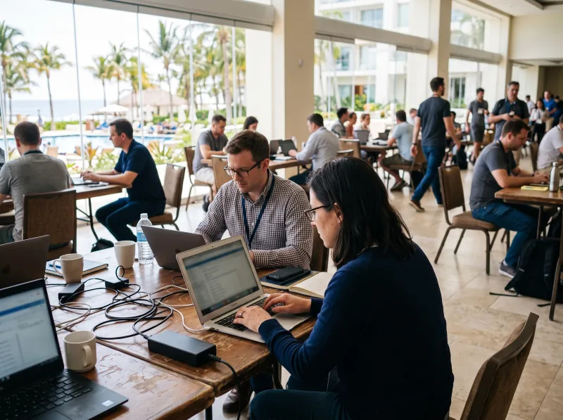 Conference guests using Wi-Fi in a resort hall