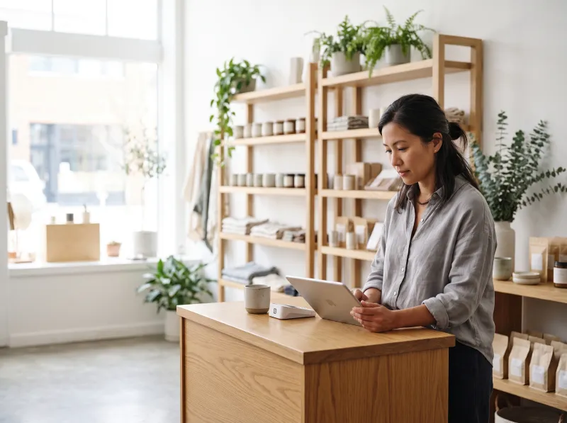 Shop owner using a tablet at the counter