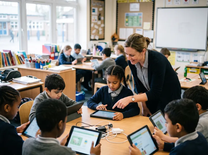 Teacher guiding students on tablets in a classroom