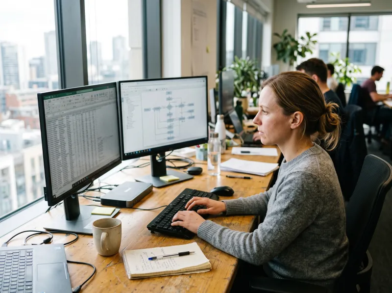 Analyst comparing a spreadsheet with a data model