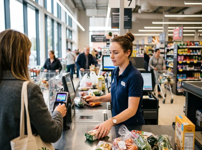 Supermarket checkout with a card terminal