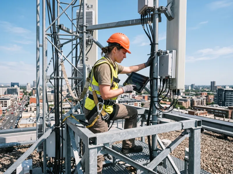 Telecom engineer checking equipment on a cell tower