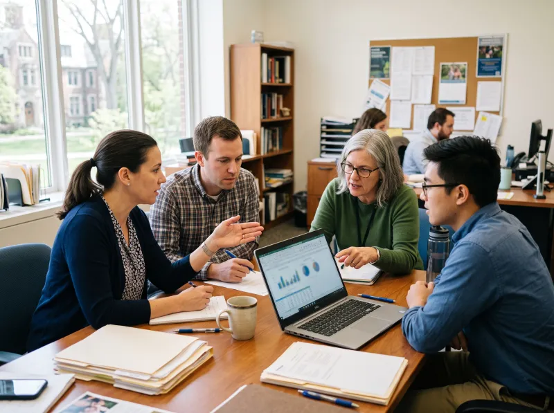 Admissions team reviewing enrolment data
